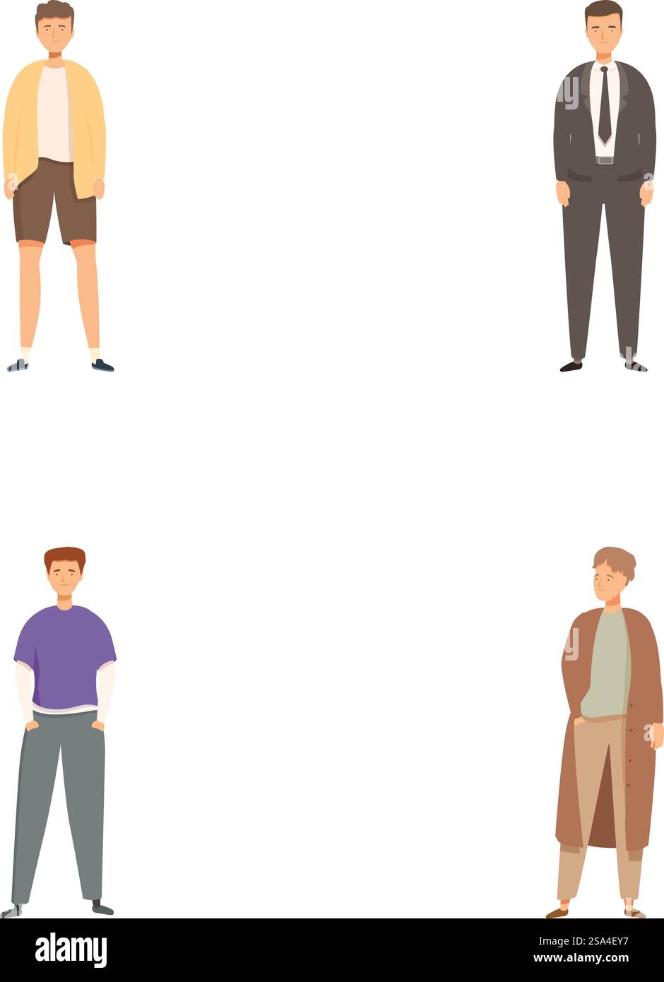 Sammlung von vier stilisierten männlichen Charakteren in verschiedenen Outfits, die unterschiedliche Lebensstile repräsentieren. Verschiedene männliche Zeichentrickfiguren Stock Vektor