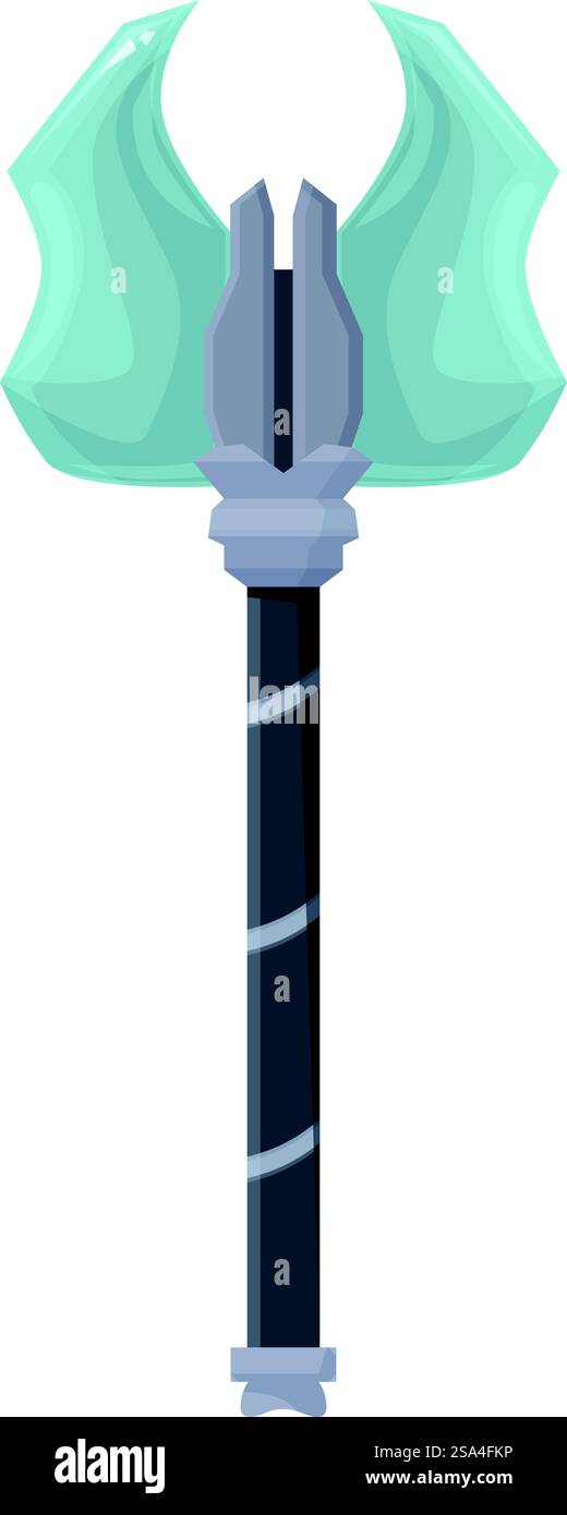 Fantasy-Axt-Waffe aufrecht stehend, mit doppelseitiger Klinge, um im Kampf Schaden zuzufügen. Fantasy-Kampfaxt mit verziertem Metallgriff und beidseitiger Klinge für Feinde Stock Vektor