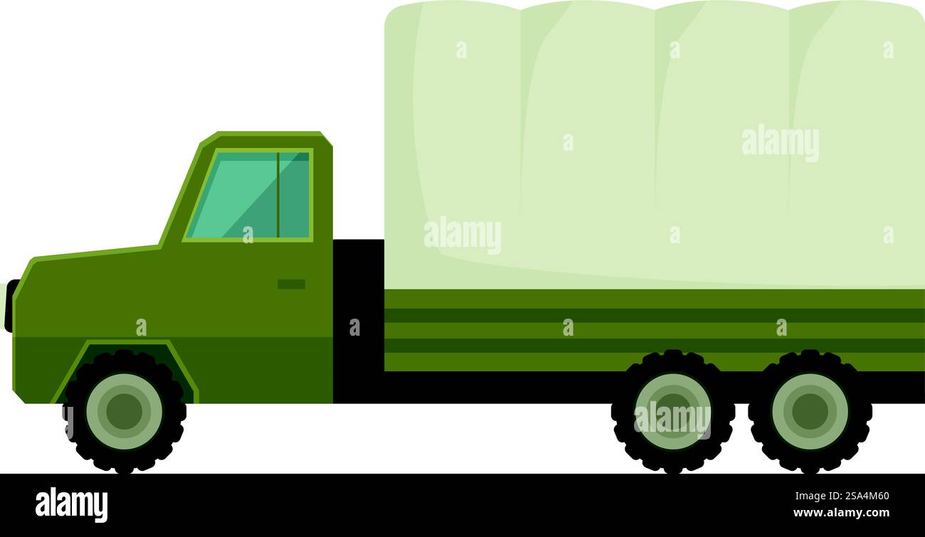 Abbildung eines militärischen Lastwagens, der Fracht transportiert, wobei seine Rolle im logistischen Betrieb betont wird. Militärfahrzeug für den Transport von Gütern mit überdachtem Oberteil für militärische Zwecke Stock Vektor