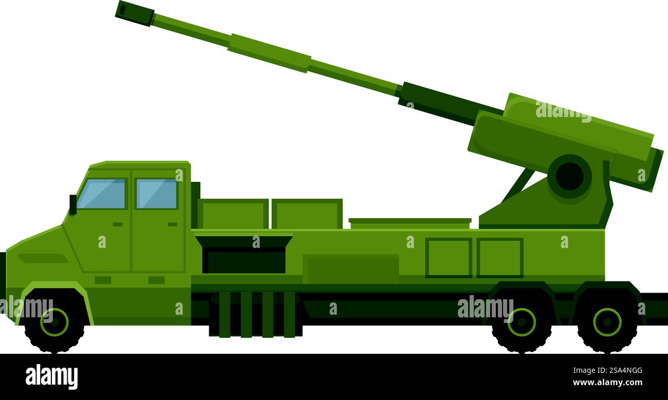 Abbildung eines leistungsstarken modernen mobilen Artilleriesystems mit einem getarnten grünen Militärwagen-Chassis, das auf weißem Hintergrund geparkt ist. Leistungsstarkes modernes mobiles Artilleriesystem mit getarntem, grünem Militärwagen-Chassis, das auf weiß geparkt ist Stock Vektor Abbildung eines leistungsstarken modernen mobilen Artilleriesystems mit einem getarnten grünen Militärwagen-Chassis, das auf weißem Hintergrund geparkt ist. Leistungsstarkes modernes mobiles Artilleriesystem mit getarntem, grünem Militärwagen-Chassis, das auf weiß geparkt ist Stock Vektor