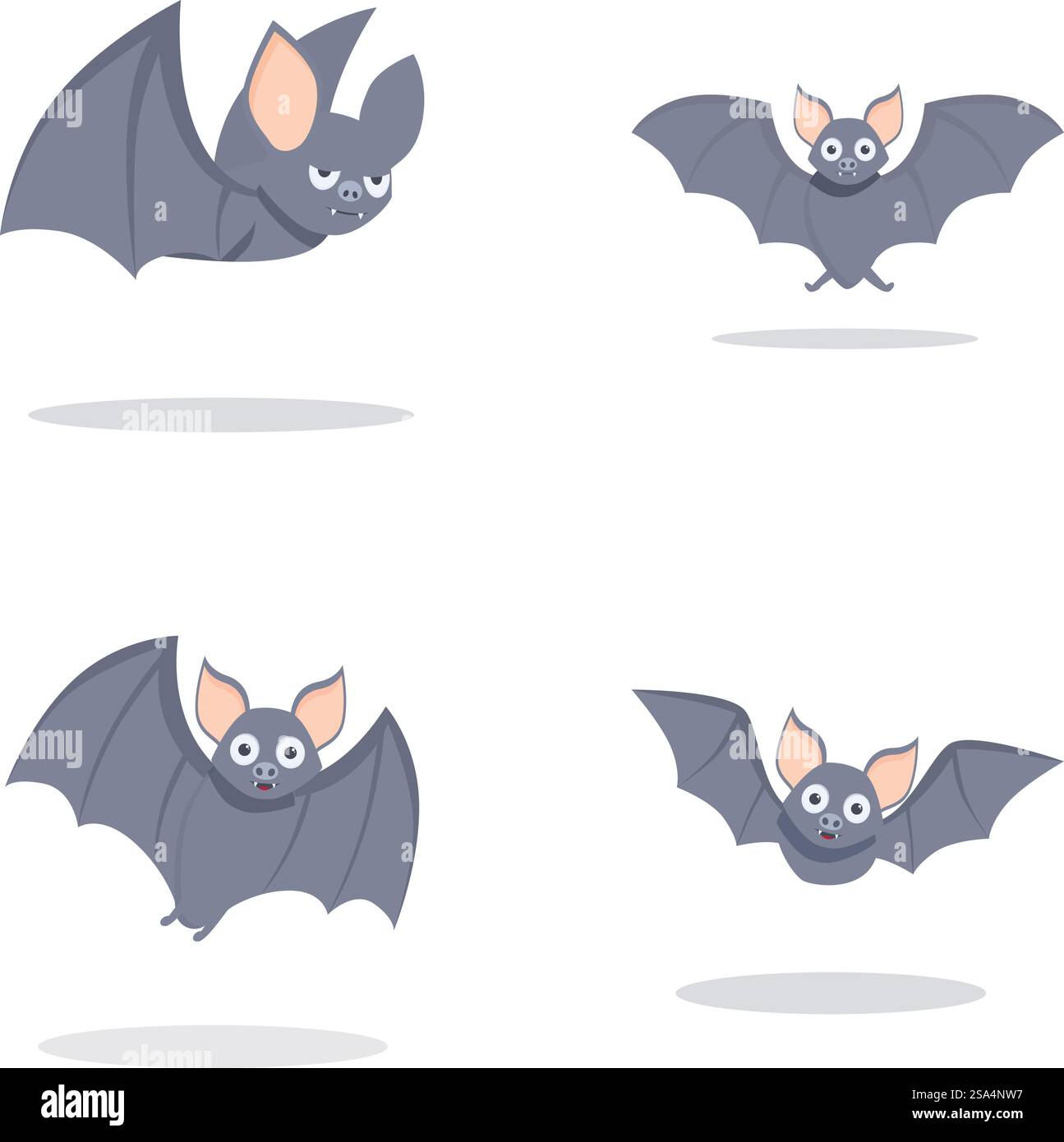 Entzückendes und fröhliches Zeichentrickfledermaus-Illustrationen für Kinder mit niedlichen, freundlichen und verspielten nächtlichen Kreaturen mit Flügeln, perfekt für halloween- und Wildlife-Motive. Sammlung von vier entzückenden Zeichentrickfledermäusen in verschiedenen Posen auf weißem Hintergrund Stock Vektor