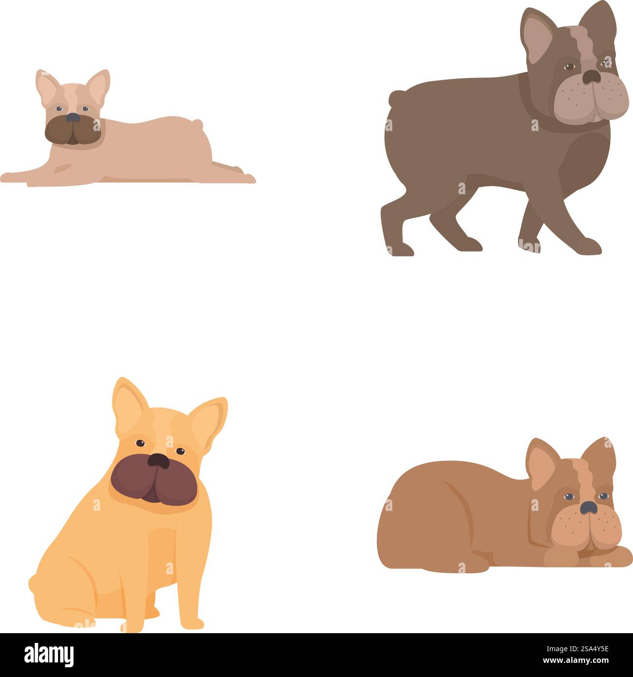Set aus niedlichen französischen Bulldoggen-Illustrationen in verschiedenen Posen, perfekt für gestreifte Designs. Sammlung süßer französischer Comic-Bulldoggen Stock Vektor