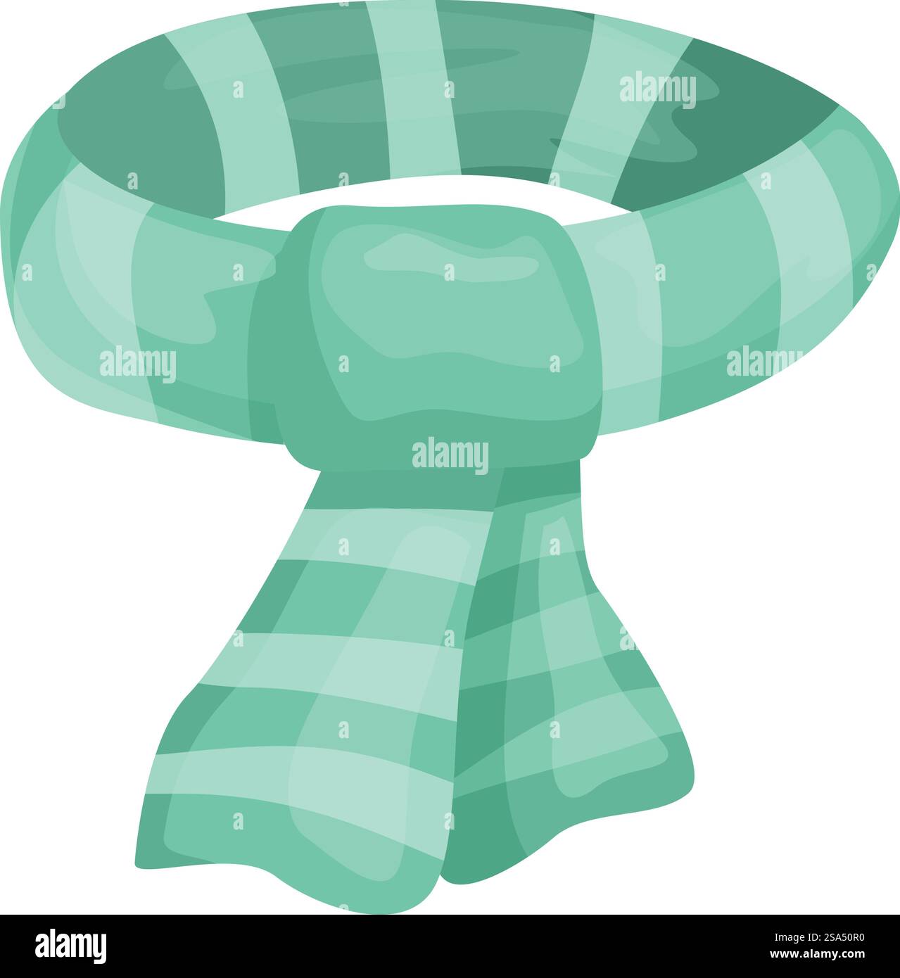 Grün gestreifter Winterschal, ein Kleidungsstück, das von Männern und Frauen getragen werden kann, um sich in der kalten Jahreszeit warm zu halten. Grün gestreifter Winterschal, der um den Hals gebunden ist, hält jemanden warm Stock Vektor