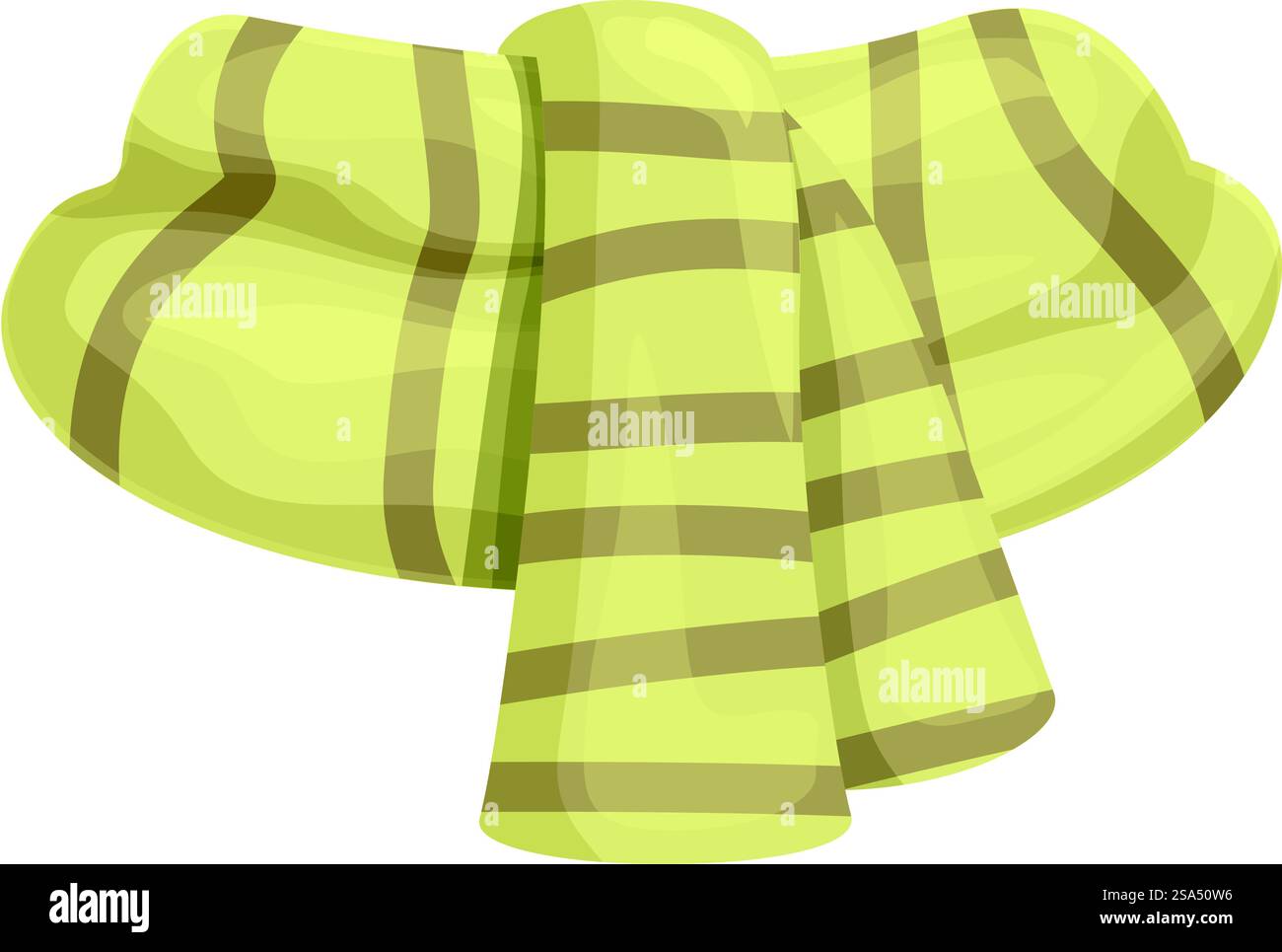 Grün gestreifter Winterschal, der um den Hals gebunden ist, bietet Wärme und Tragekomfort in den kälteren Monaten. Grün gestreifter Winterschal, der um den Hals gebunden ist, hält jemanden warm Stock Vektor