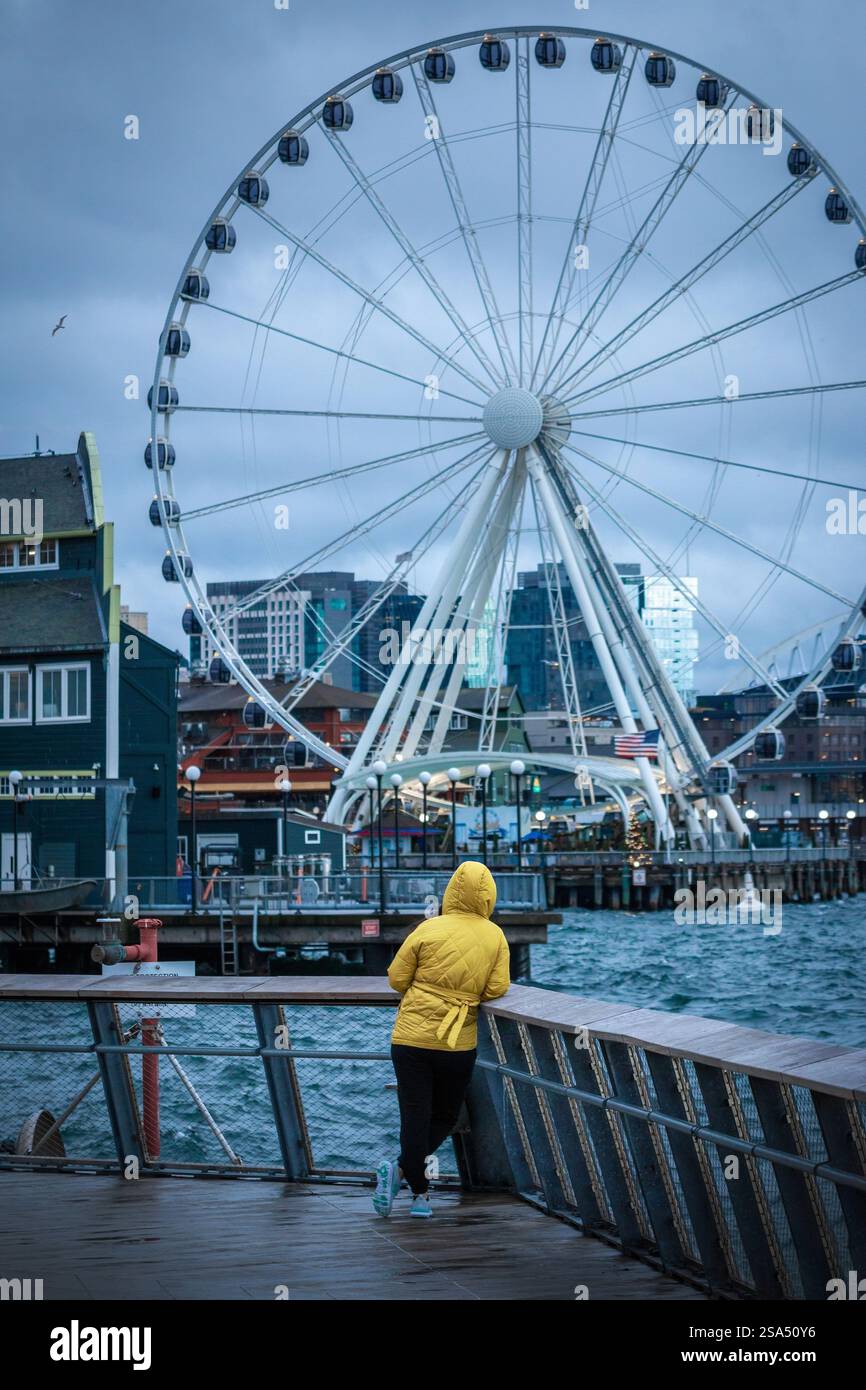 Ein Einheimischer am Pier 62 am Ufer sieht das Seattle Great Wheel an einem kalten, stimmungsvollen Tag. Stockfoto