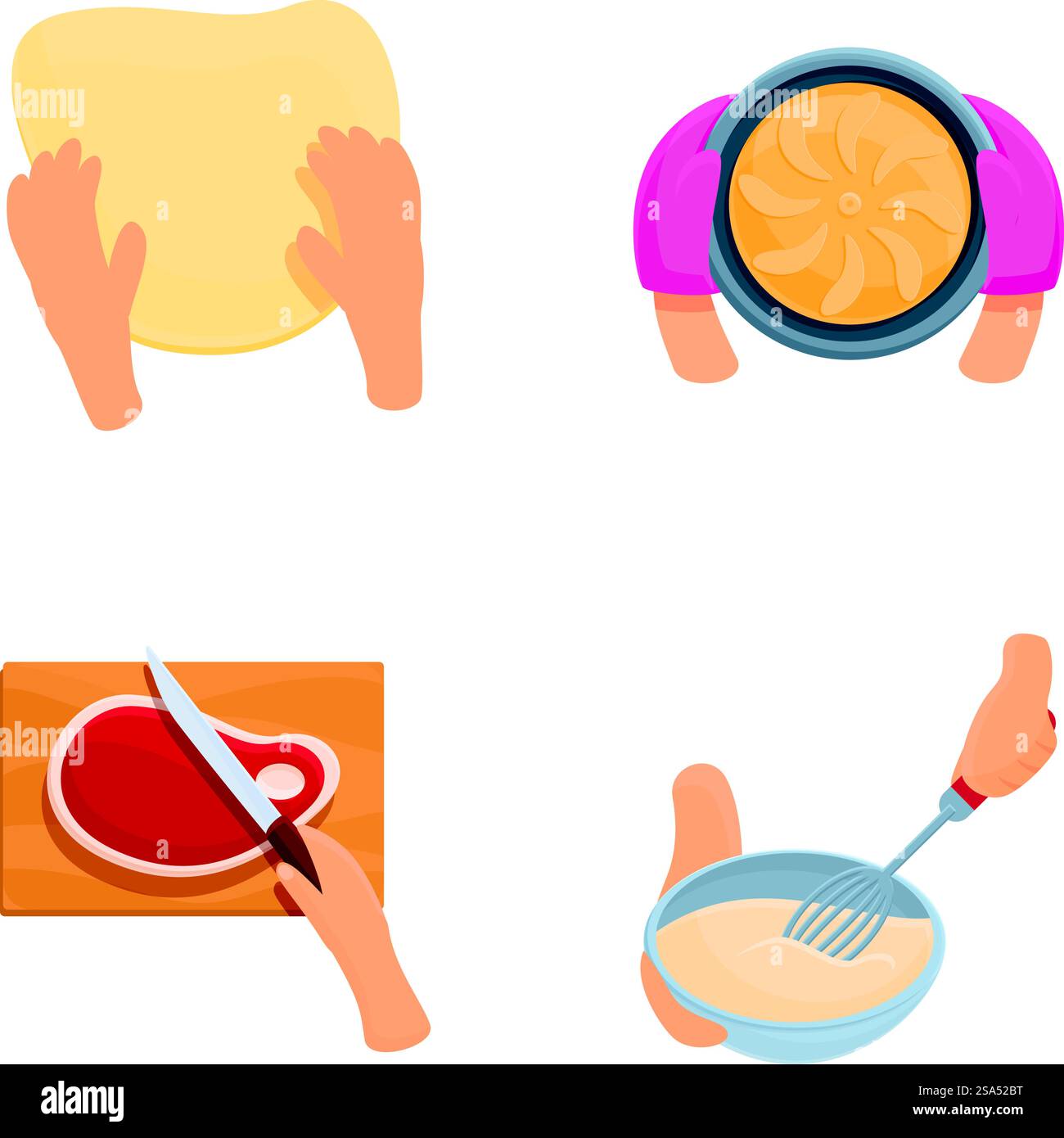 Kochsymbole setzen Cartoonvektor. Hand zubereiten von Lebensmitteln. Draufsicht. Kochsymbole setzen Cartoonvektor. Hand zubereiten von Lebensmitteln Stock Vektor