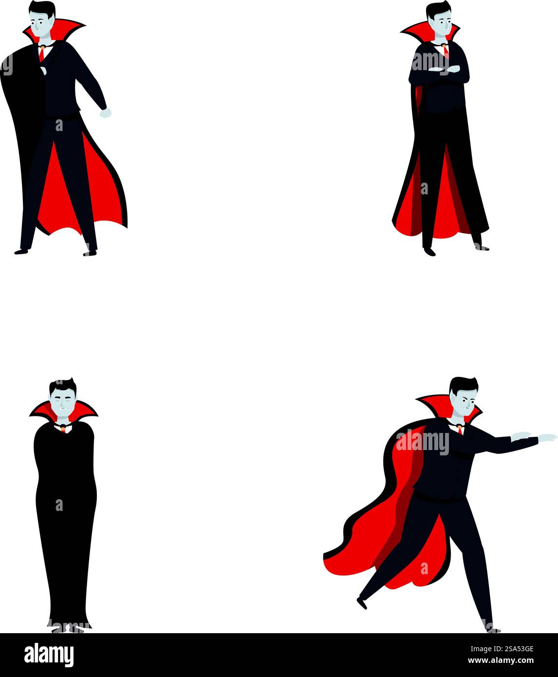 Sammlung von Vampirillustrationen, die verschiedene Haltungen und Kleidung zeigen, isoliert auf weiß. Verschiedene Vampirfiguren in verschiedenen Posen Stock Vektor