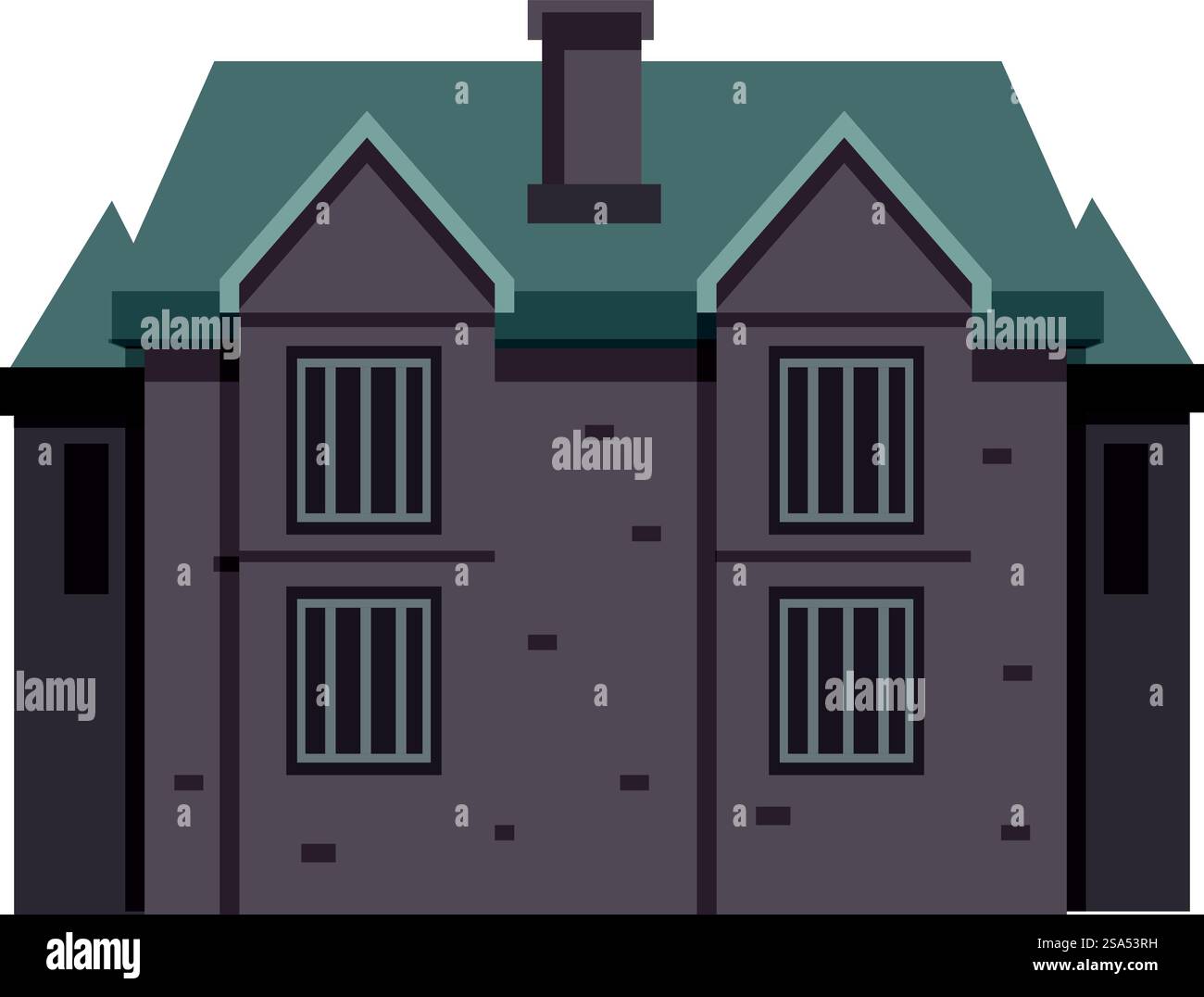 Ein großes Backsteinhaus mit vielen Fenstern und einem grauen Dach wird gebaut. Großes Backsteinhaus mit grauem Dach und vielen Fenstern wird gebaut Stock Vektor
