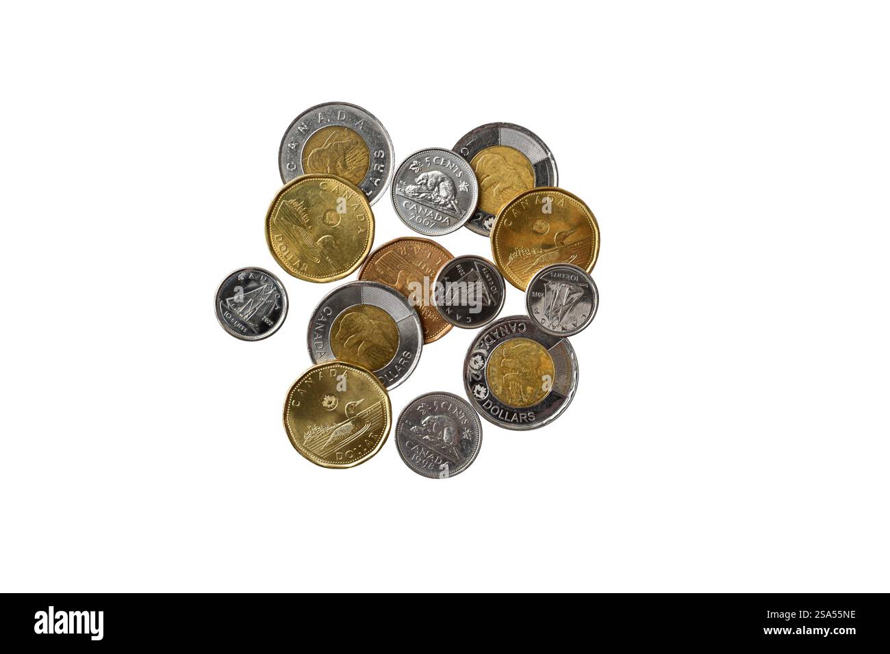 Kanadische Bargeldmünzen isolierter Ausschnitt auf weiß Stockfoto