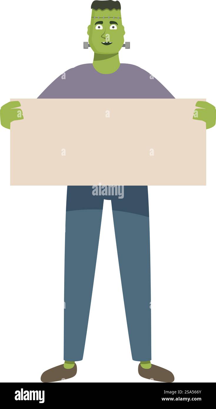 Freundliches halloween-frankenstein-Monster mit leerem Banner. Frankensteins Monster steht und hält ein großes leeres Banner Stock Vektor