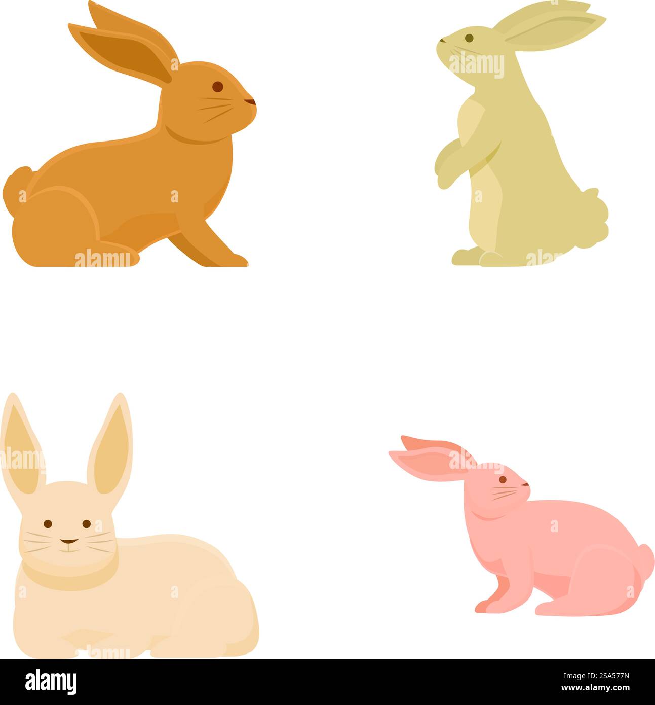 Sammlung von vier niedlichen und vereinfachenden Karikaturkaninchen in verschiedenen Posen auf weißem Hintergrund. Satz von Zeichentrick-Häschen-Illustrationen Stock Vektor