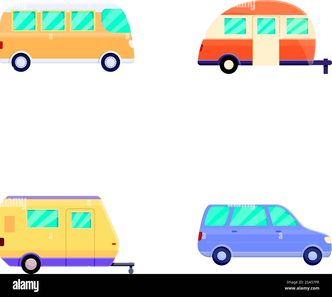 Campingwagen-Symbole setzen Cartoon-Vektor. Transporter und Pickup mit Anhänger. Sommerurlaub, Touristenausflug. Campingwagen-Symbole setzen Cartoon-Vektor. Transporter und Pickup mit Anhänger Stock Vektor
