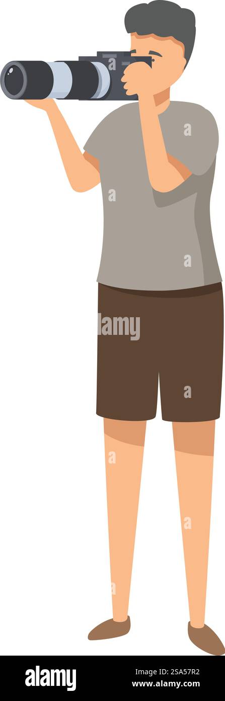 Der Fotograf steht und fotografiert mit einem großen professionellen Teleobjektiv auf seiner Kamera. Fotograf, der Fotos mit einem großen professionellen Teleobjektiv an der Kamera macht Stock Vektor