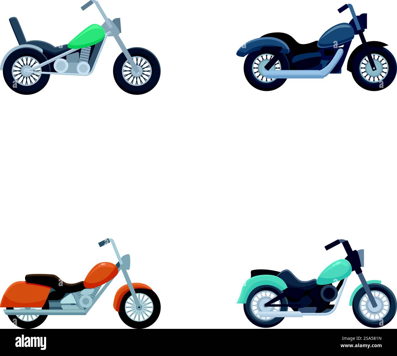 Sammlung von vier Vektorillustrationen mit modernen Motorrädern in verschiedenen Farben und Stilen. Satz von modernen Motorrädern Vektor-Illustration Stock Vektor