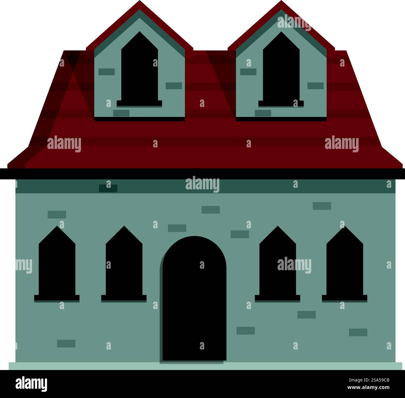 Altes Steinhaus mit Dachfenstern und einem roten Ziegeldach auf weißem Hintergrund. Klassisches Haus im europäischen Stil mit Fliesendach und Dachfenstern Stock Vektor