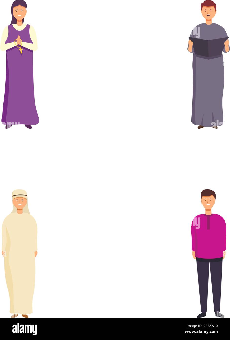 Vektor-Illustration von vier verschiedenen Charakteren in verschiedenen Kleidungsstücken, die Multikulturalismus repräsentieren. Illustration der verschiedenen Personengruppen Stock Vektor