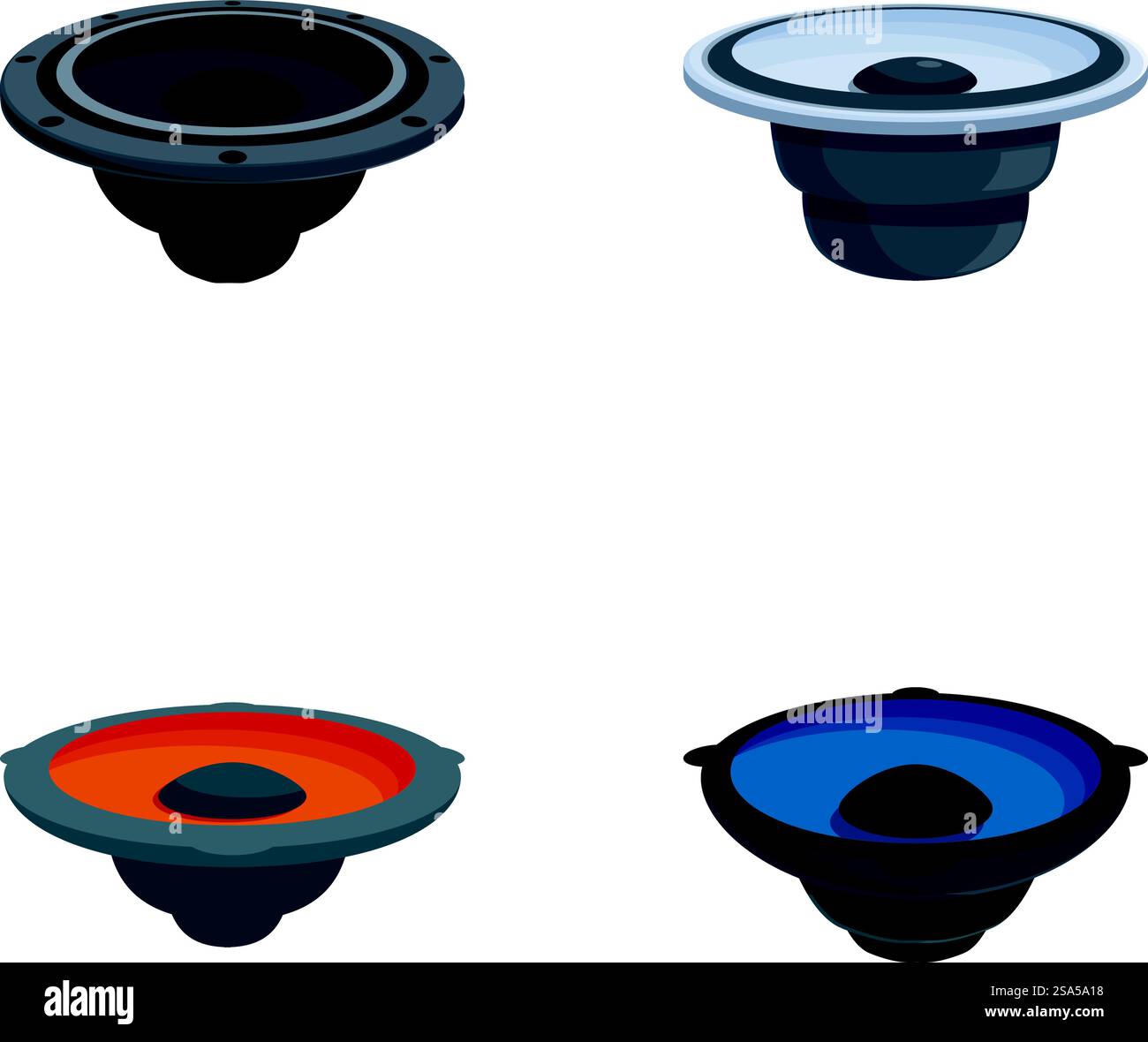 Isolierte Vektorsymbole von Lautsprechern in Schwarz, Silber, Rot und Blau auf weißem Hintergrund. Set aus vier Lautsprechersymbolen in verschiedenen Farben Stock Vektor