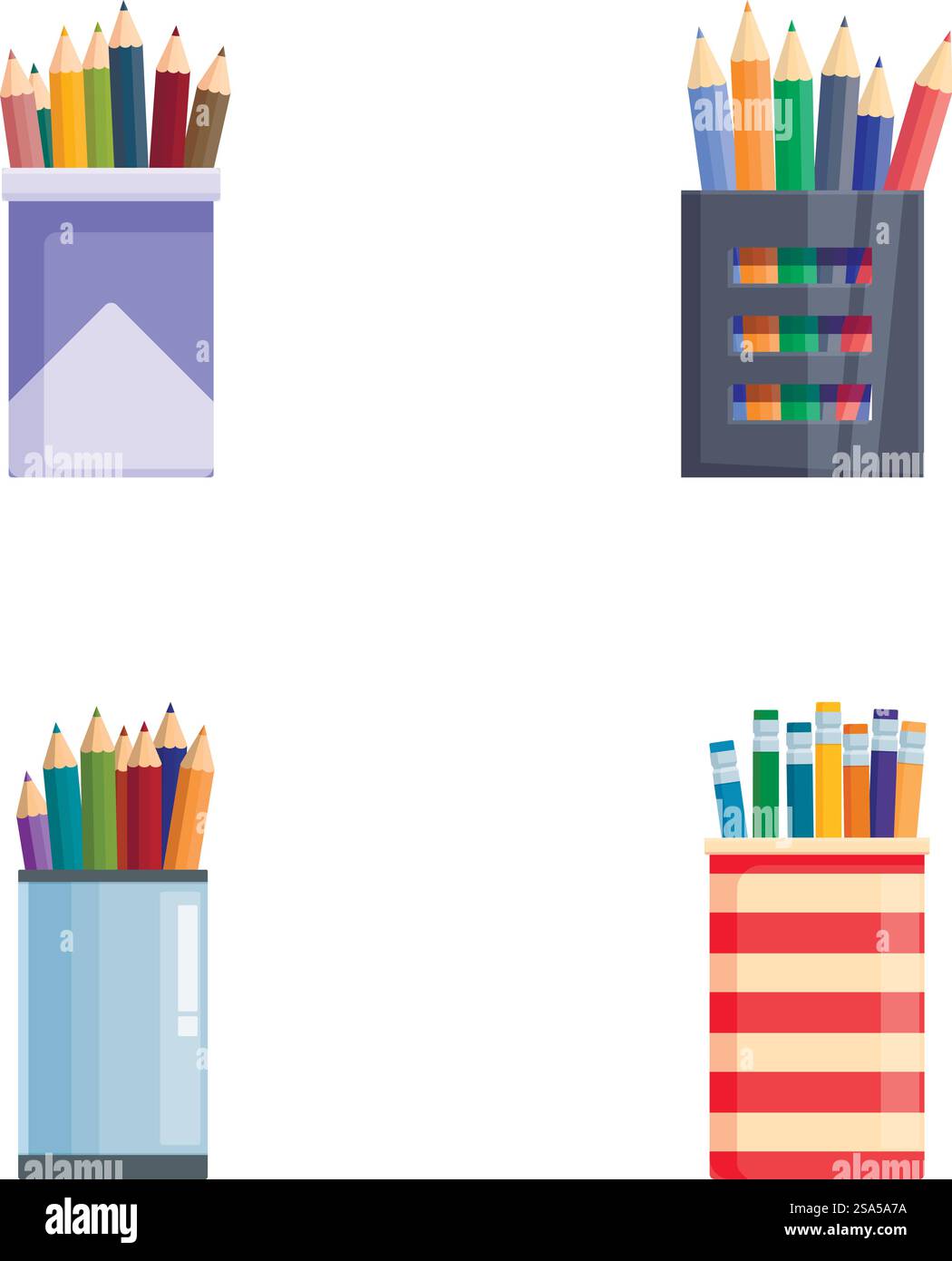 Vier verschiedene Stile von Bleistifthaltern gefüllt mit farbigen Bleistiften, Vektorgrafik. Satz von bunten Bleistifthalter Vektor-Illustration Stock Vektor