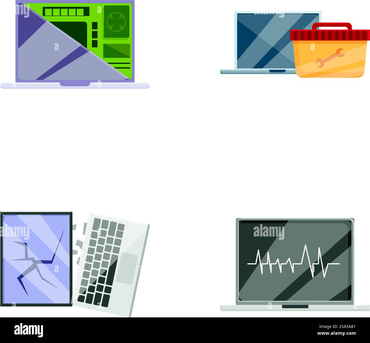 Laptop-Reparatur-Symbole setzen Cartoon-Vektor. Verschiedene kaputte PCs. Reparaturservice, Wartung. Laptop-Reparatur-Symbole setzen Cartoon-Vektor. Verschiedene kaputte PCs Stock Vektor
