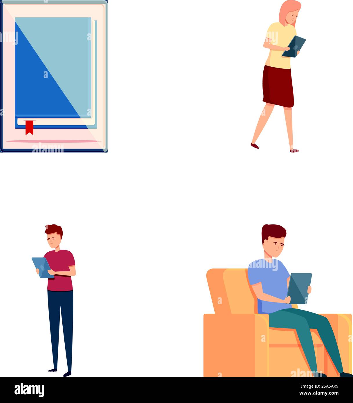 Online-Lesesymbole setzen Cartoonvektor. Leute, die Bücher in einer digitalen Bibliothek lesen. Moderne Bildungstechnologie. Online-Lesesymbole setzen Cartoonvektor. Leute, die Bücher in einer digitalen Bibliothek lesen Stock Vektor