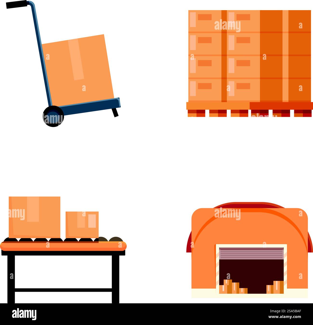 Flaches Design-Symbolset mit einem Handwagen, Kartonkisten, einem Förderband und einem Lager. Symbole für Logistik und Lieferung festgelegt Stock Vektor