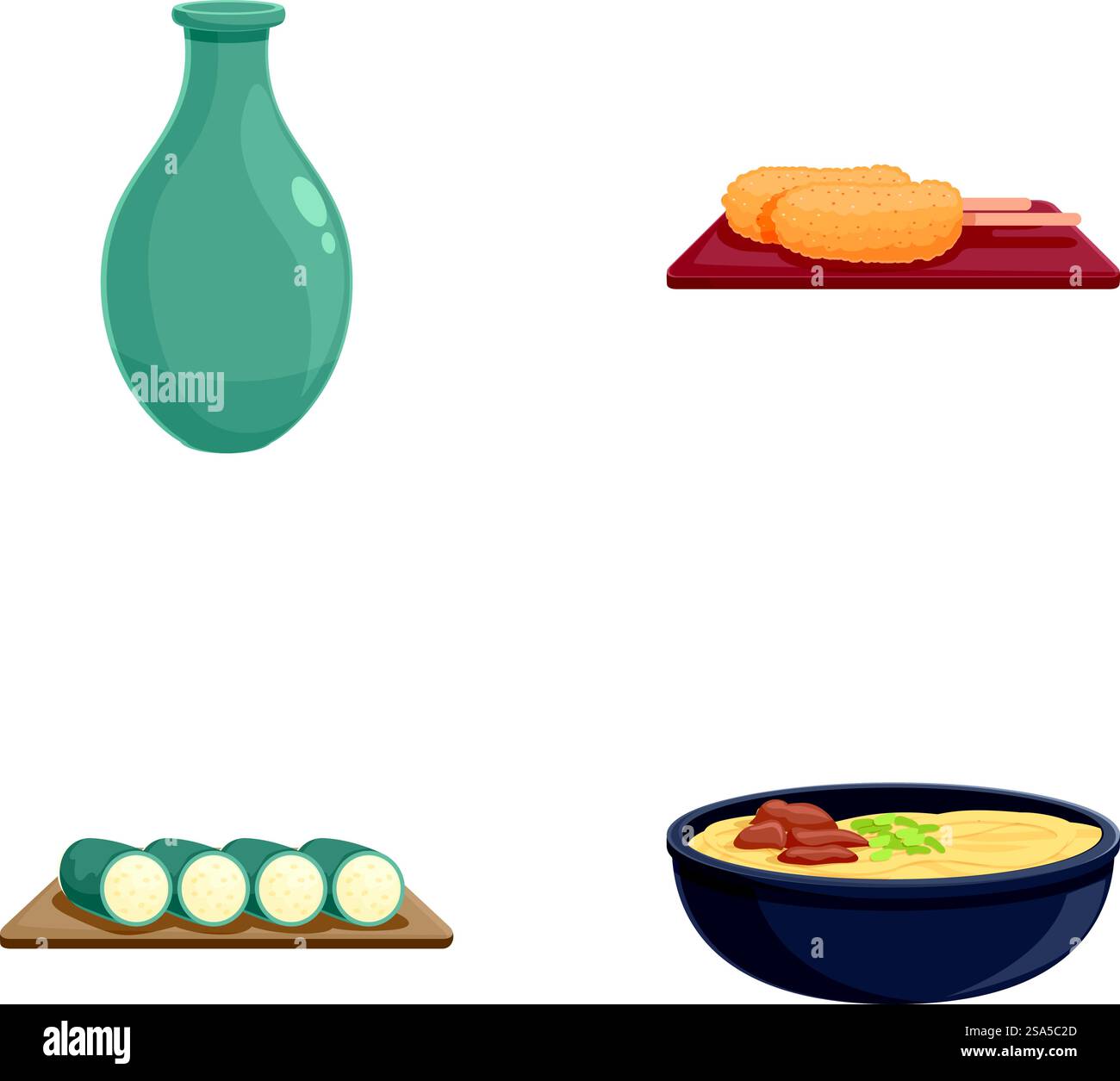 Sammlung von Vektorgrafiken mit Keramikvase und verschiedenen Gerichten mit Lebensmitteln. Set mit traditionellen Töpferwaren und Illustrationen Stock Vektor