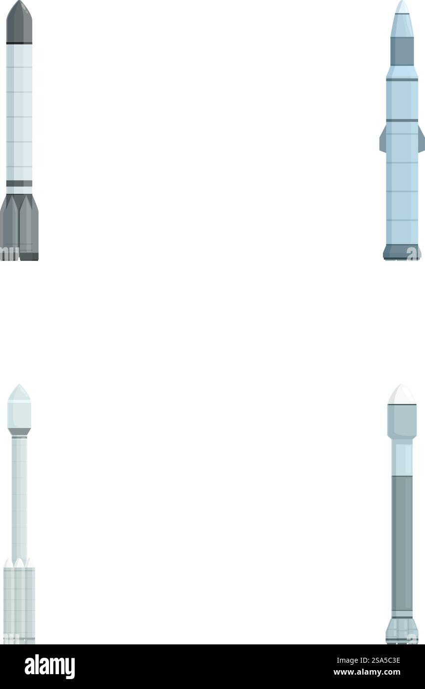Sammlung von 4 stilisierten Vektor-Weltraumraketen, geeignet für Ikonen oder Illustrationen von Kindern. Set von Cartoon-Weltraumraketen isoliert auf weiß Stock Vektor
