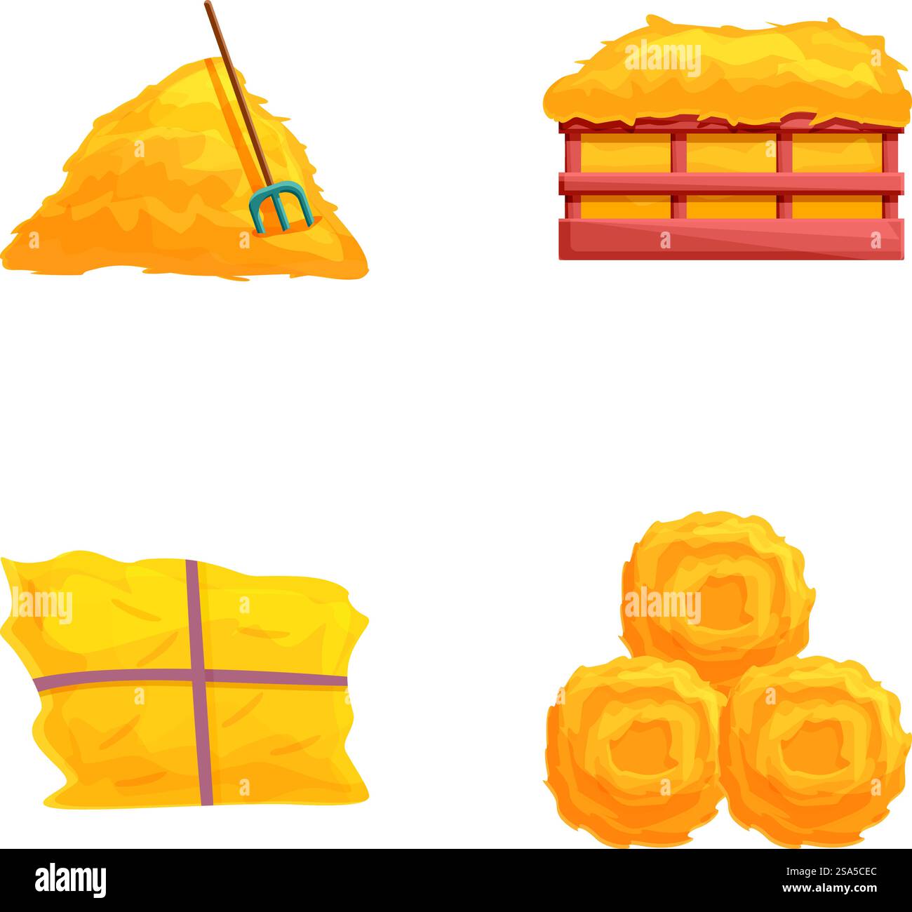 Heustapel-Symbole setzen Cartoon-Vektor. Ballen und Stapel trockenes Heu. Landwirtschaftliche Ernte, landwirtschaftliche Arbeitsbestände. Heustapel-Symbole setzen Cartoon-Vektor. Ballen und Stapel trockenes Heu Stock Vektor