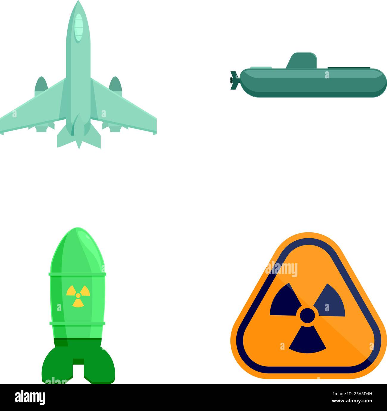 Sammlung von vier flachen Symbolen, die Militärflugzeuge, U-Boote, Raketen und Strahlengefahren darstellen. Militär- und Atomenergie-Ikonen Set Stock Vektor