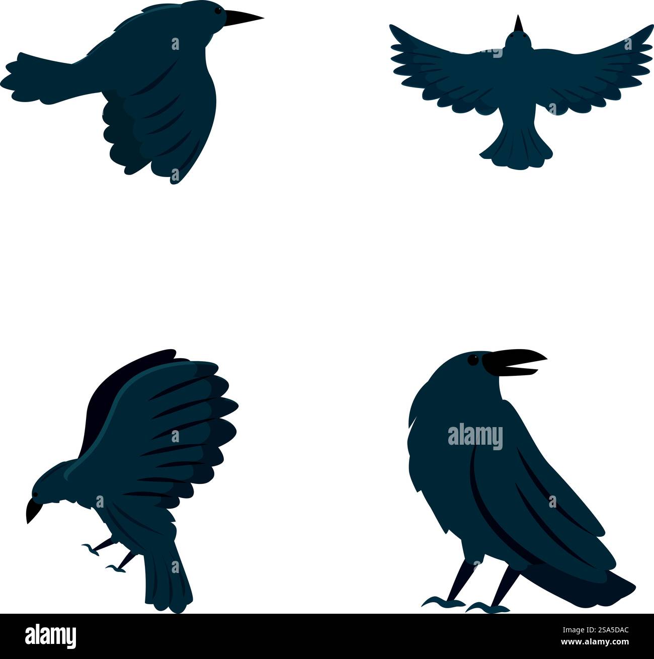 Rabenvogel-Symbole setzen Cartoon-Vektor. Niedlicher schwarzer Rabe in Zeichentrick. Vogel, Tier. Rabenvogel-Symbole setzen Cartoon-Vektor. Niedlicher schwarzer Rabe in Zeichentrick Stock Vektor