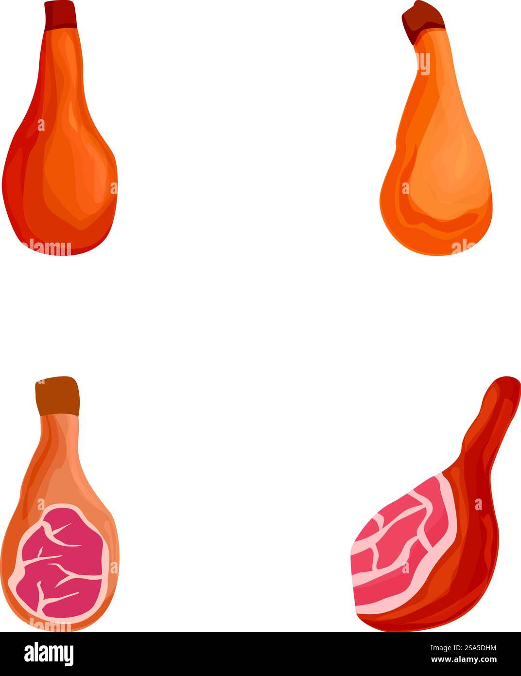 Sammlung von vier Cartoon-Butternut-Kürbisillustrationen, einschließlich Ganzes- und Querschnittsansichten. Cartoon Butternut Squash Set Vektor Illustration Stock Vektor