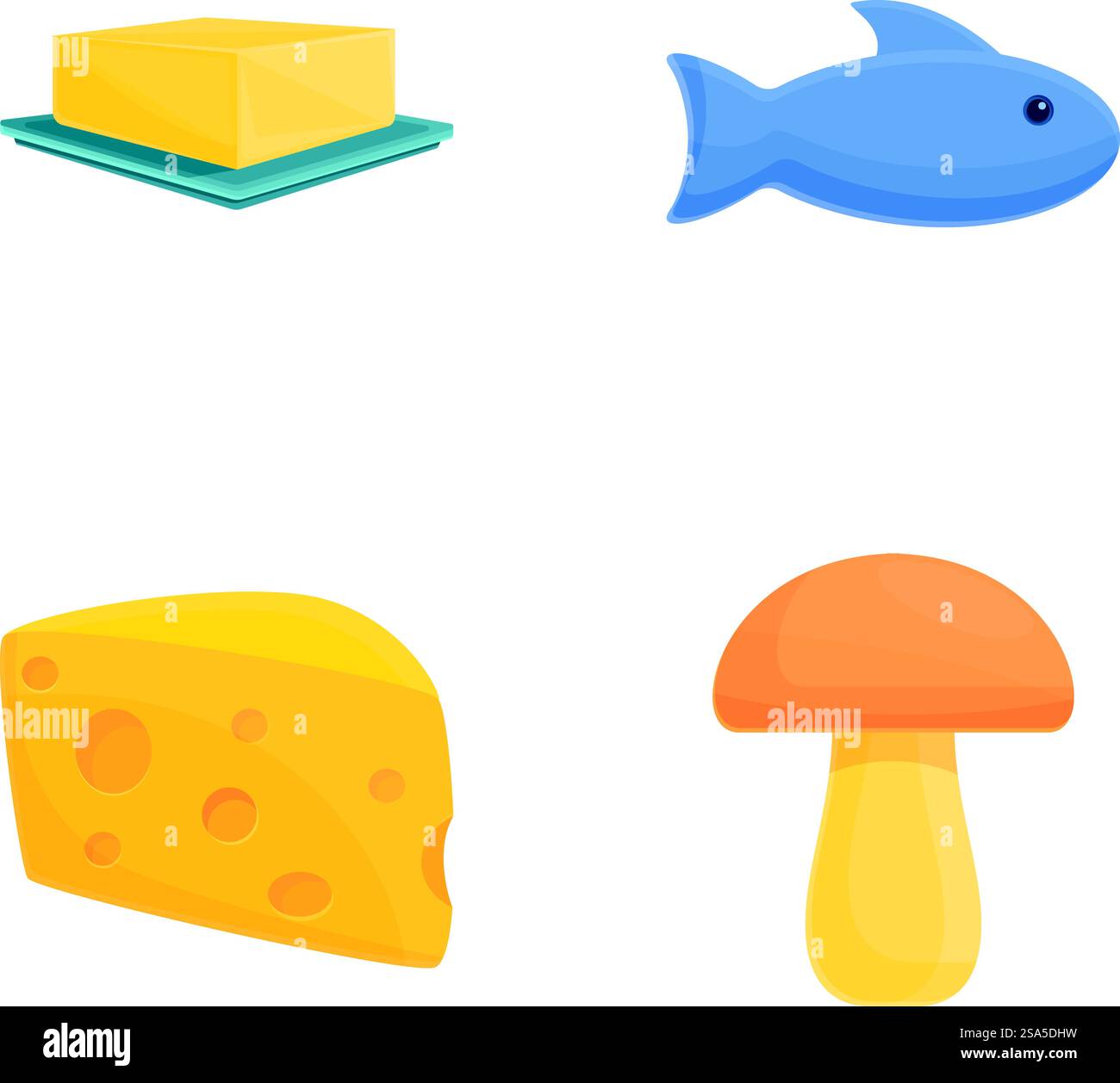 Vitaminnahrungssymbole setzen Cartoon-Vektor. Frischer Fisch, Butter, Käse und Pilze. Gesundes Produkt. Vitaminnahrungssymbole setzen Cartoon-Vektor. Frischer Fisch, Butter, Käse und Pilze Stock Vektor