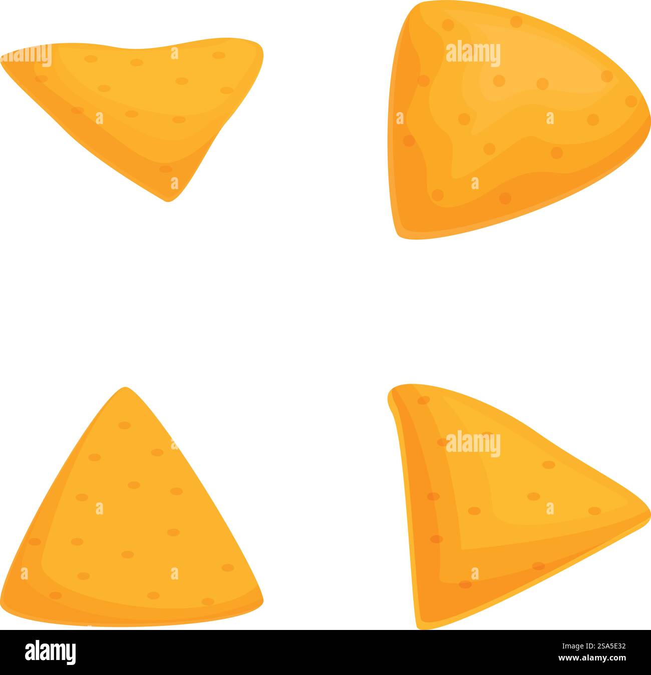 Lebendige Illustration von vier verschiedenen Nacho-Chips mit unterschiedlichen Texturen, isoliert auf weißem Hintergrund. Bunte Nacho-Chips, isoliert auf weiß Stock Vektor