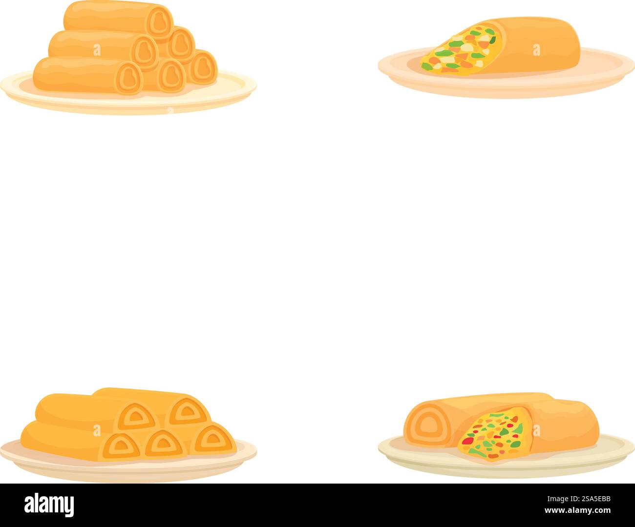 Vektor-Illustration Sammlung traditioneller mexikanischer Gerichte auf Tellern mit einem sauberen Hintergrund. Auswahl mexikanischer Speisen auf Tellern Stock Vektor