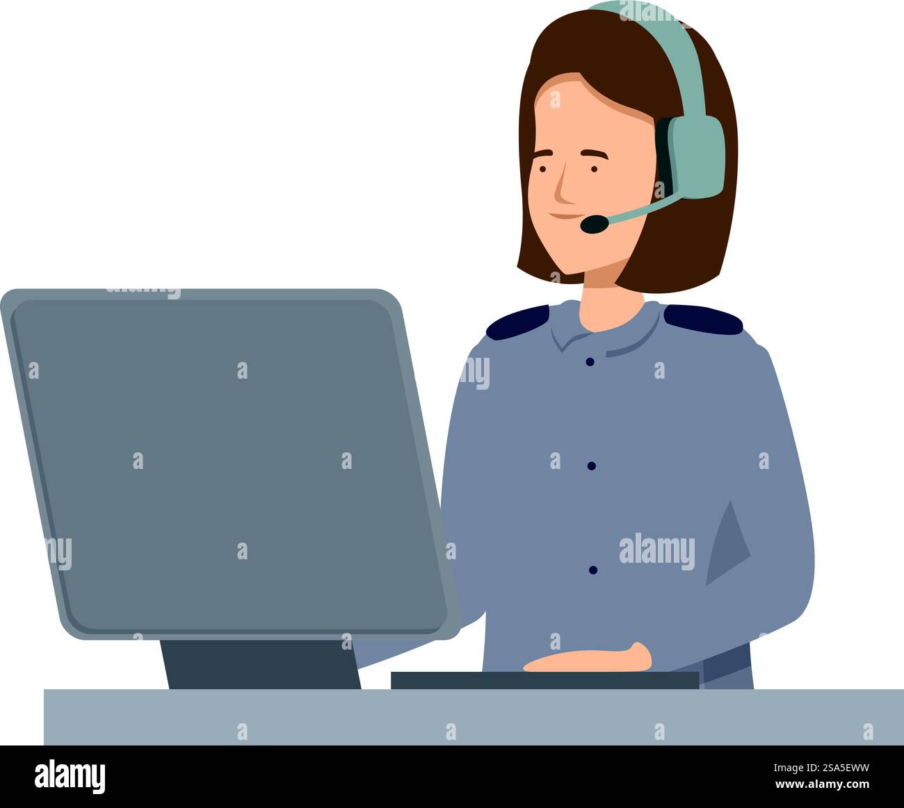 Lächelnde Kundendienstmitarbeiterin, die am Computer mit Headset arbeitet. Kundendienstmitarbeiter lächelt, während sie an ihrem Schreibtisch arbeitet Stock Vektor