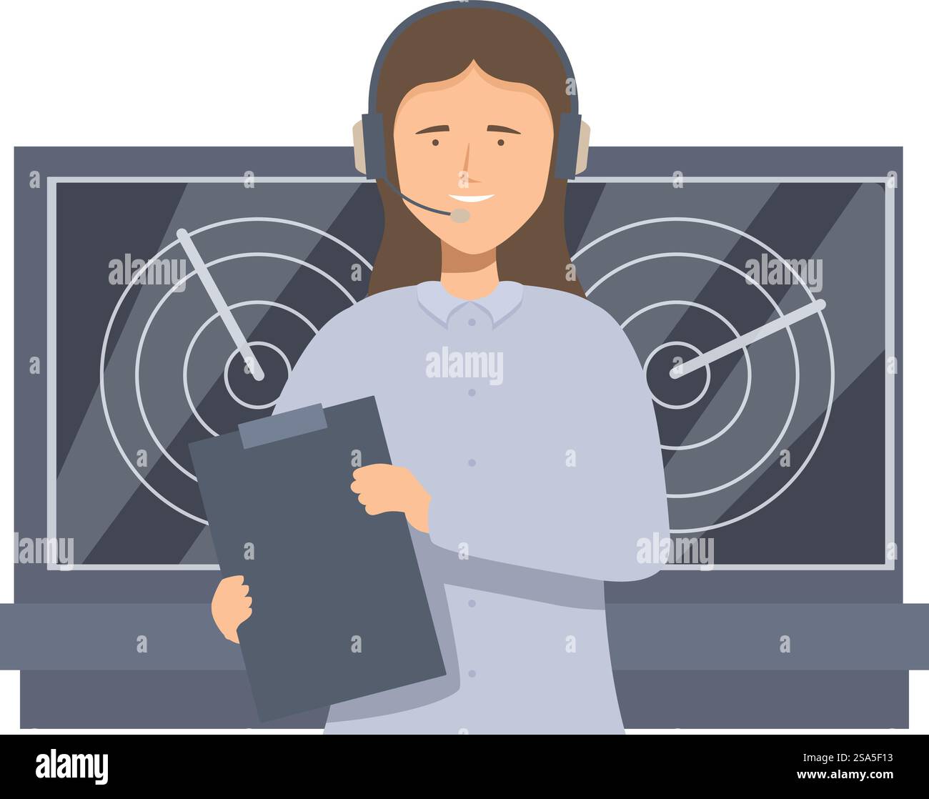 Fluglotse, die ein Klemmbrett hält und ein Headset mit einem Radarbildschirm im Hintergrund trägt. Fluglotse, die das Clipboard hält, mit einem Radarschirm im Hintergrund Stock Vektor