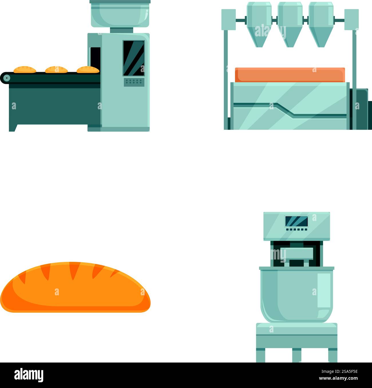 Vektorsatz von kommerziellen Bäckereimaschinen und frisch gebackenem Brot isoliert auf weißem Hintergrund. Industrielle Bäckereiausrüstung und frisches Brot Illustration Stock Vektor