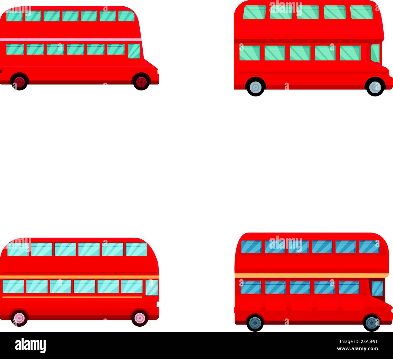 Sammlung von farbenfrohen, stilisierten Doppeldeckerbussen auf weißem Hintergrund. Set Doppeldeckerbusse in Zeichentrick Stock Vektor