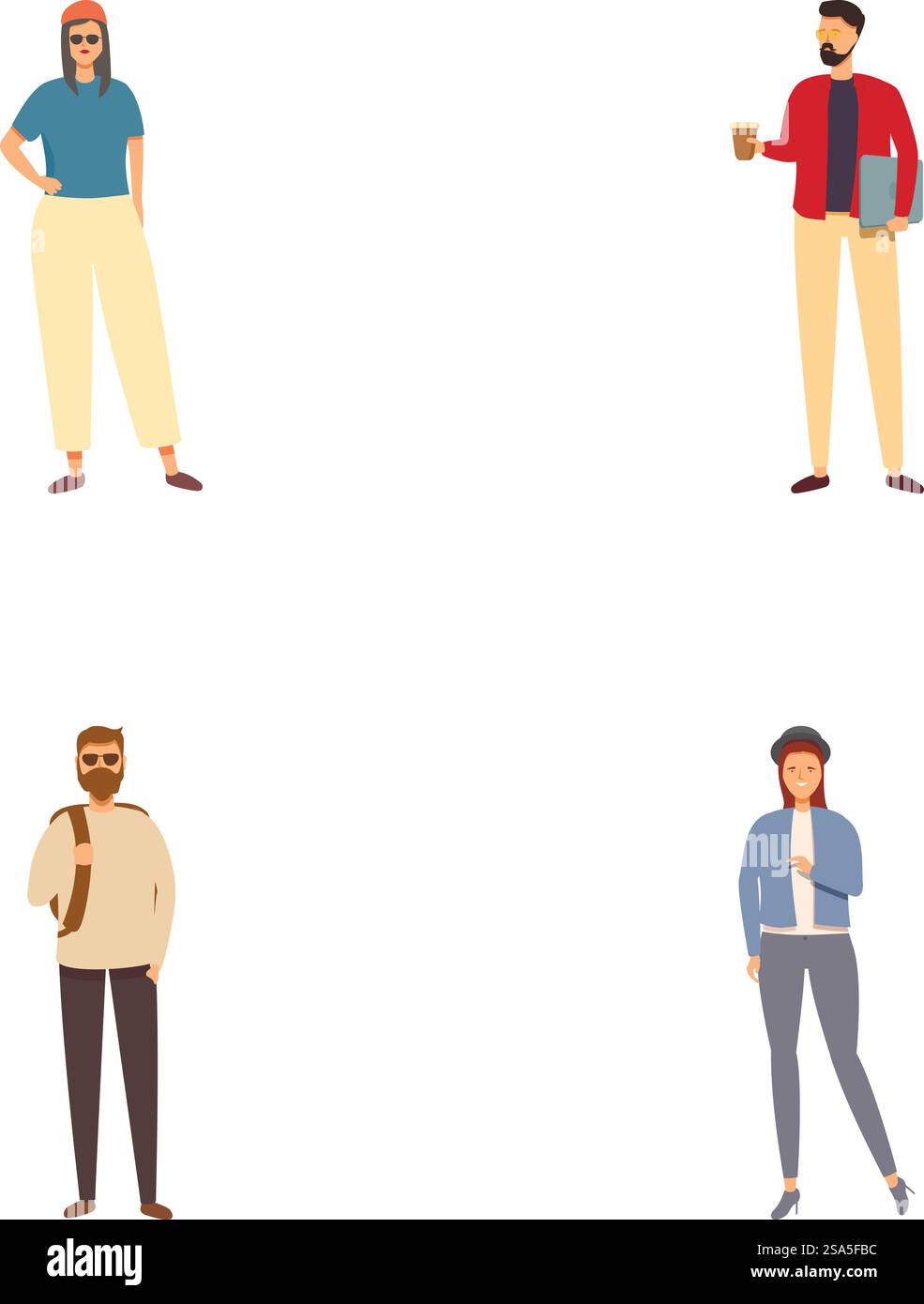 Sammlung von vier stilisierten Illustrationen, die verschiedene Menschen in lässiger Kleidung und modernem Stil zeigen. Verschiedene Illustrationen für Gelegenheitsmenschen Stock Vektor