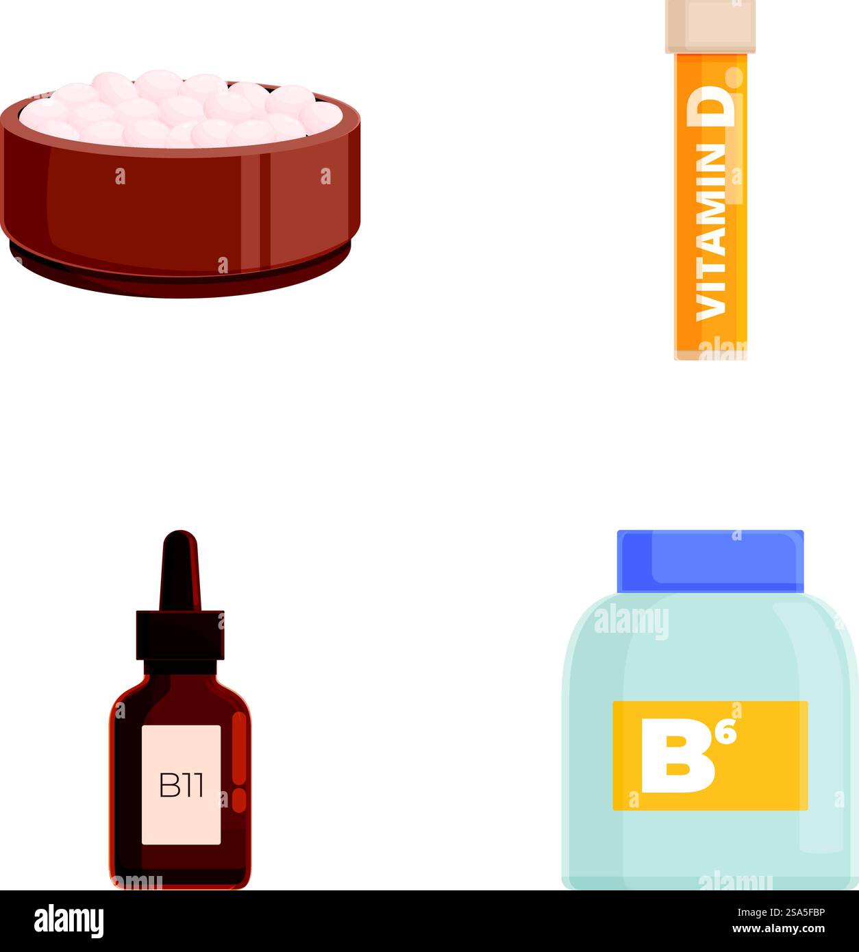 Bunte Illustration, die eine Vielzahl von Vitaminpräparaten und Pillen zeigt. Illustration des Satzes von Vitaminpräparaten und Behältern Stock Vektor