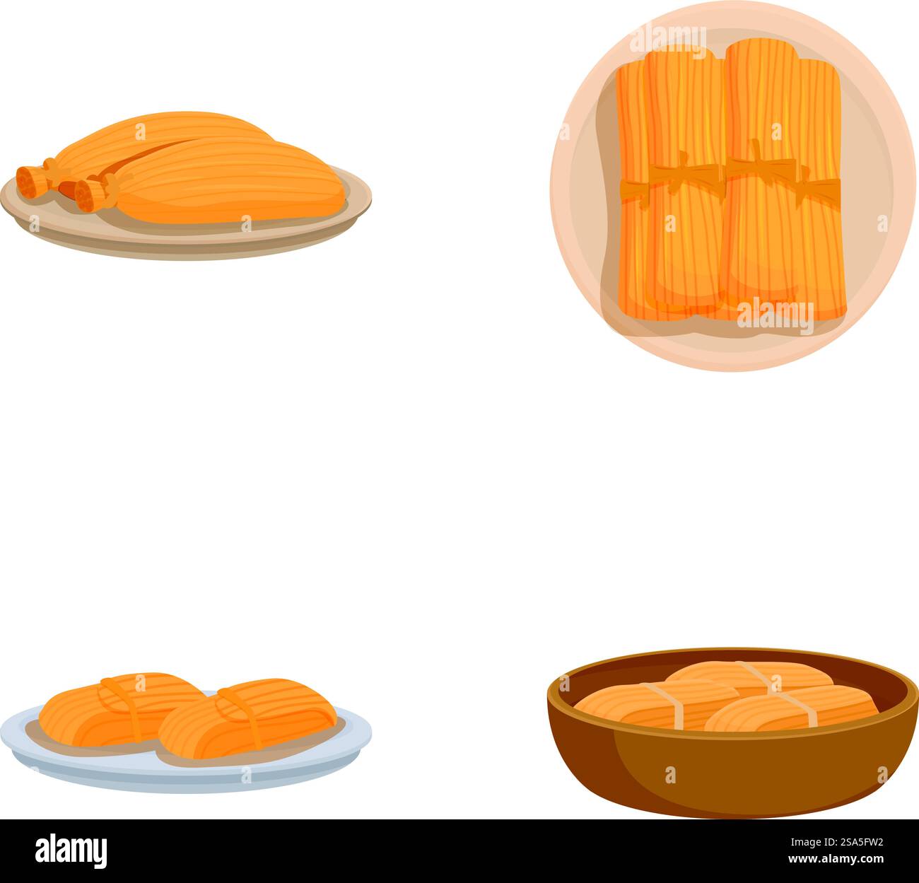 Vier Illustrationen von leckeren mexikanischen Tamales, die verschiedene Füllungen und Verpackungen darstellen. Sammlung traditioneller mexikanischer Tamales Stock Vektor