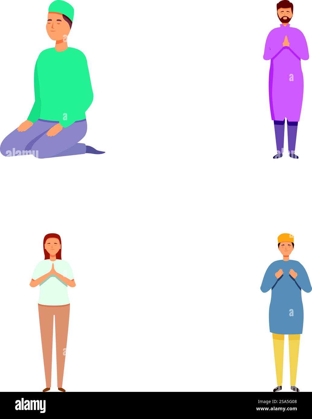 Set aus vier Illustrationen, die Menschen in entspannten Haltungen mit neutralem Hintergrund darstellen. Verschiedene Personen stehen und sitzen in ungezwungenen Posen Stock Vektor