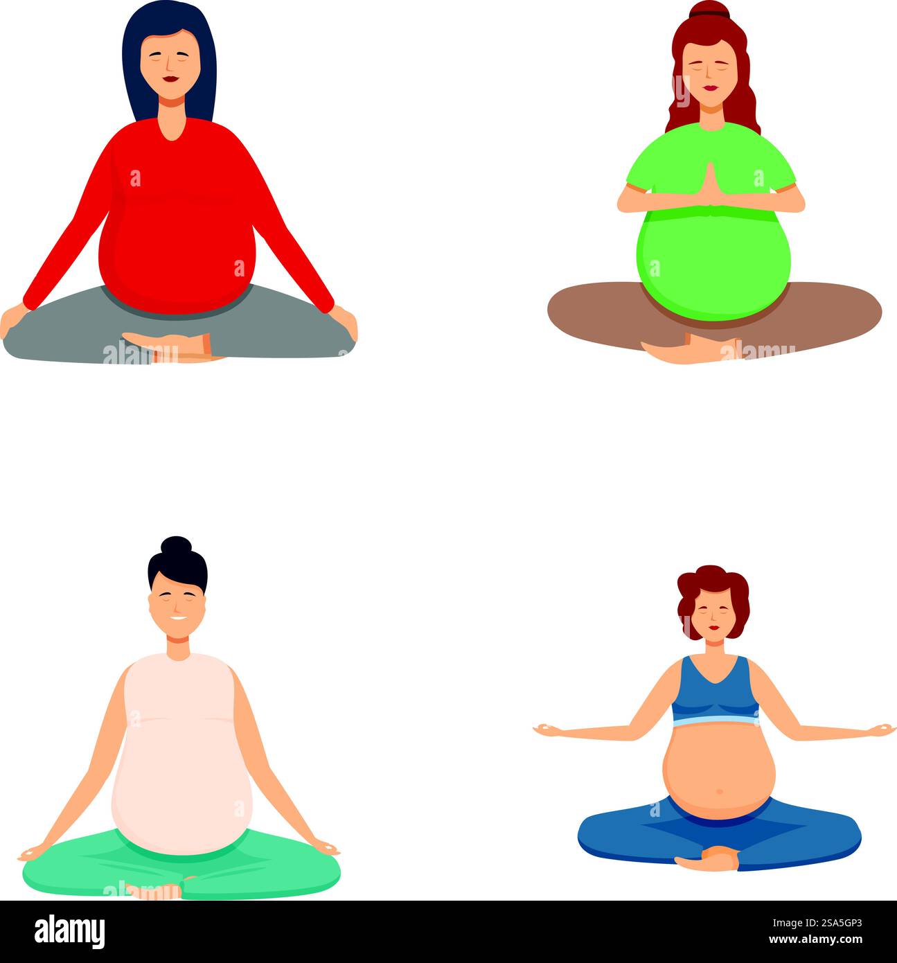 Bildersatz mit vier schwangeren Frauen in Yoga-Posen zur Förderung des Wohlbefindens. Verschiedene schwangere Frauen, die Yoga-Illustration üben Stock Vektor