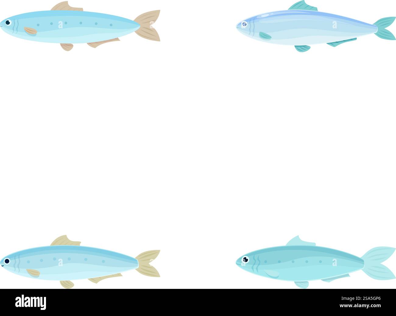 Sammlung von vier niedlichen animierten Fischfiguren isoliert auf weißem Hintergrund. Set von Zeichentrickfischen Illustrationen Stock Vektor