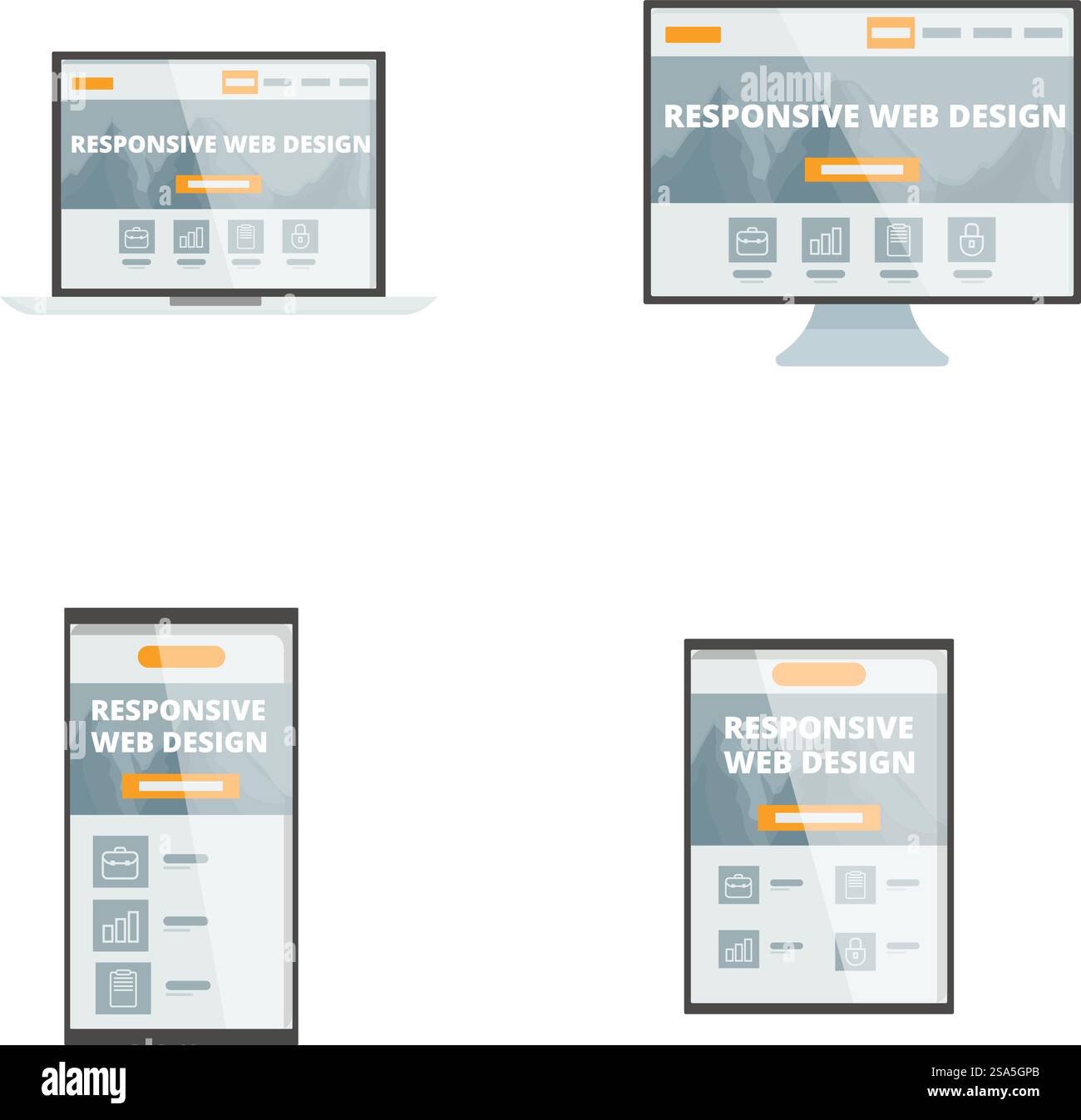 Illustrationsset mit responsivem Webdesign auf verschiedenen Geräten, Notebooks, Desktop-PCs, Tablets und Smartphones. Satz von responsiven Web-Design-Geräten Stock Vektor