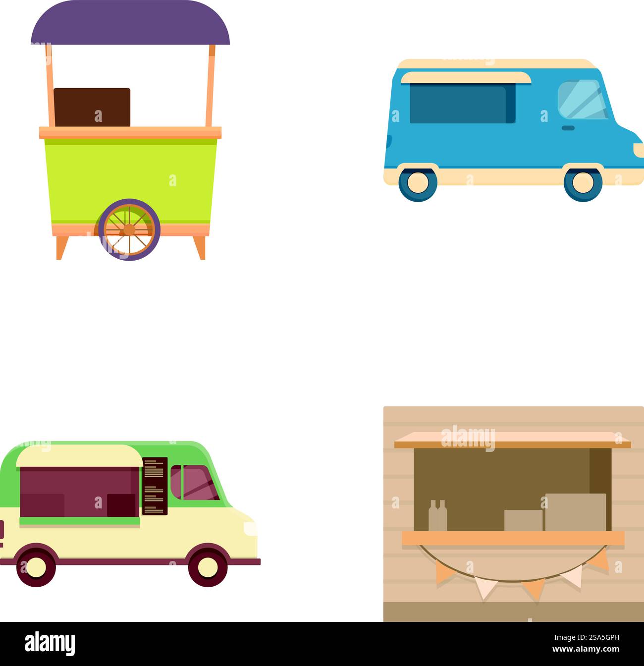 Vier verschiedene detaillierte Illustrationen lebendiger Imbisswagen und Verkaufsstände für Verkaufsautomaten. Sammlung farbenfroher Imbisswagen und Stände Illustrationen Stock Vektor