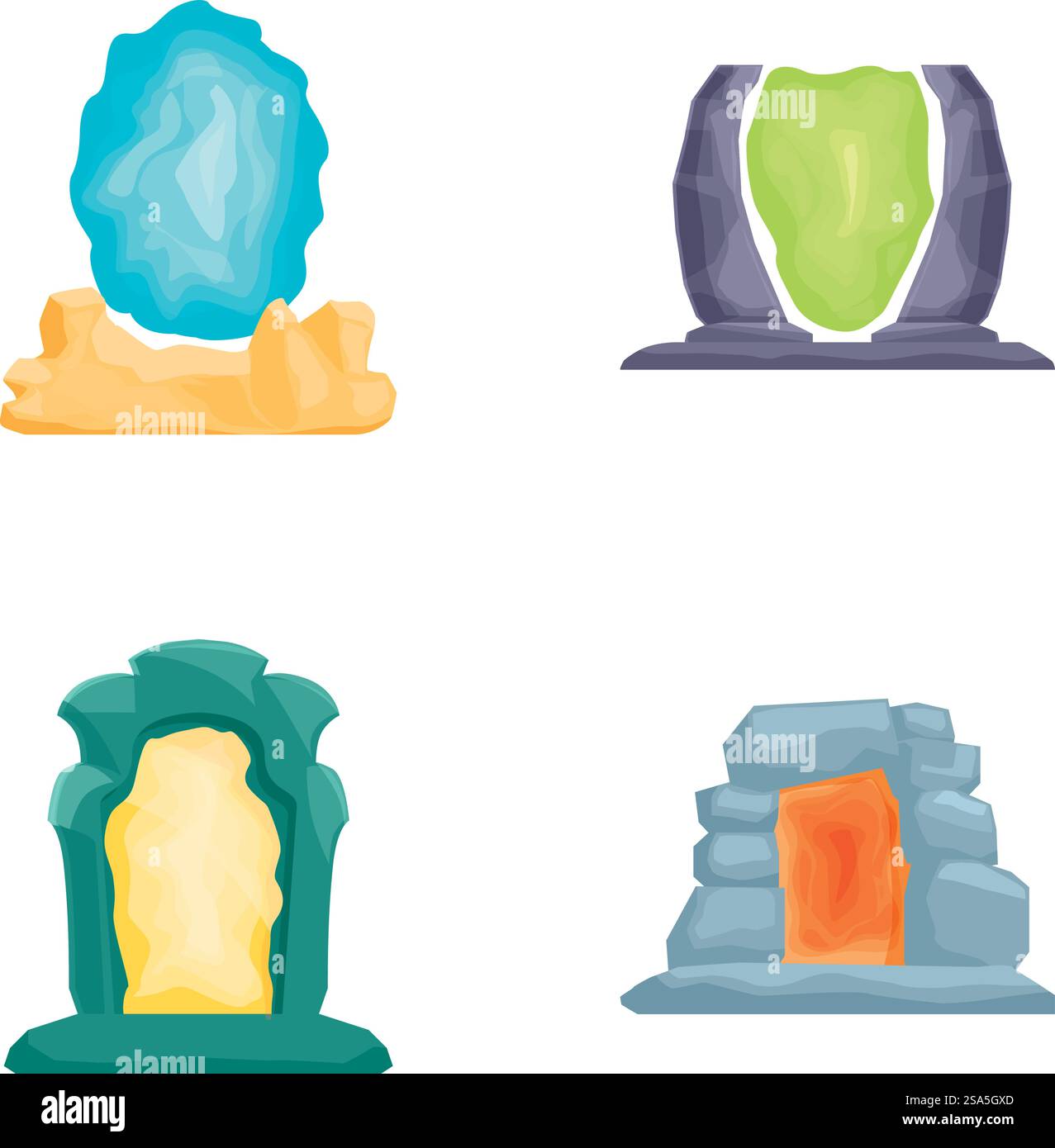 Vier farbenfrohe magische Portale im Cartoonstil in verschiedenen Formen und Rahmen isoliert auf weiß. Eine Reihe von Illustrationen für Cartoon-Zauberportale Stock Vektor