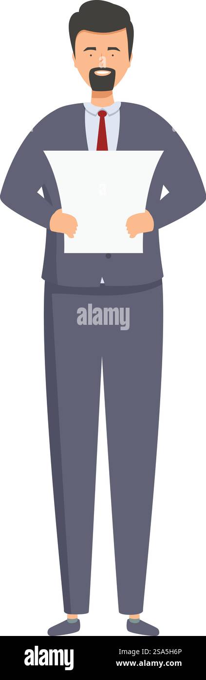 Der Geschäftsmann steht und hält ein Blatt Papier. Geschäftsmann mit Papier lächelndes Charaktersymbol Stock Vektor
