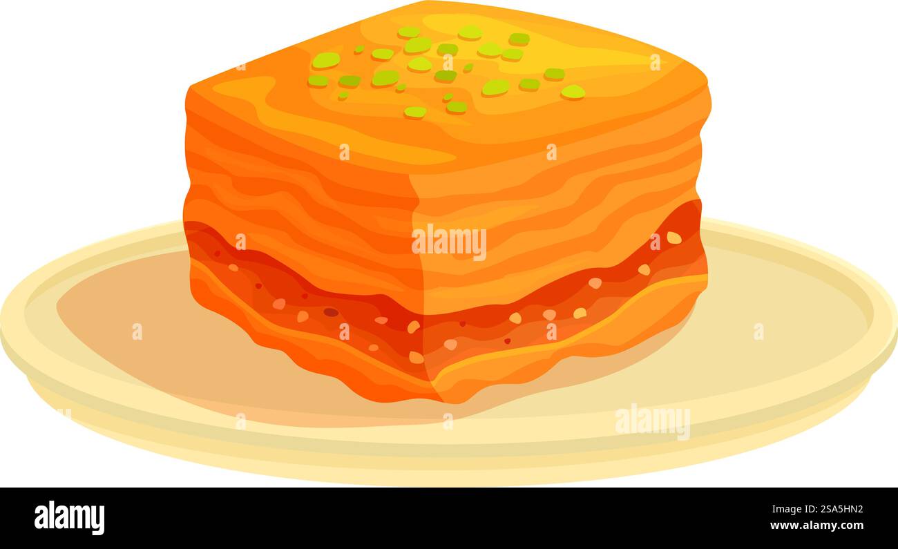 Köstliches Stück Baklava liegt auf einem Teller und zeigt die knusprigen Schichten und nussigen Füllungen dieses traditionellen Desserts. Köstliches Baklava-Stück auf Teller liegend, traditionelles Dessert Stock Vektor