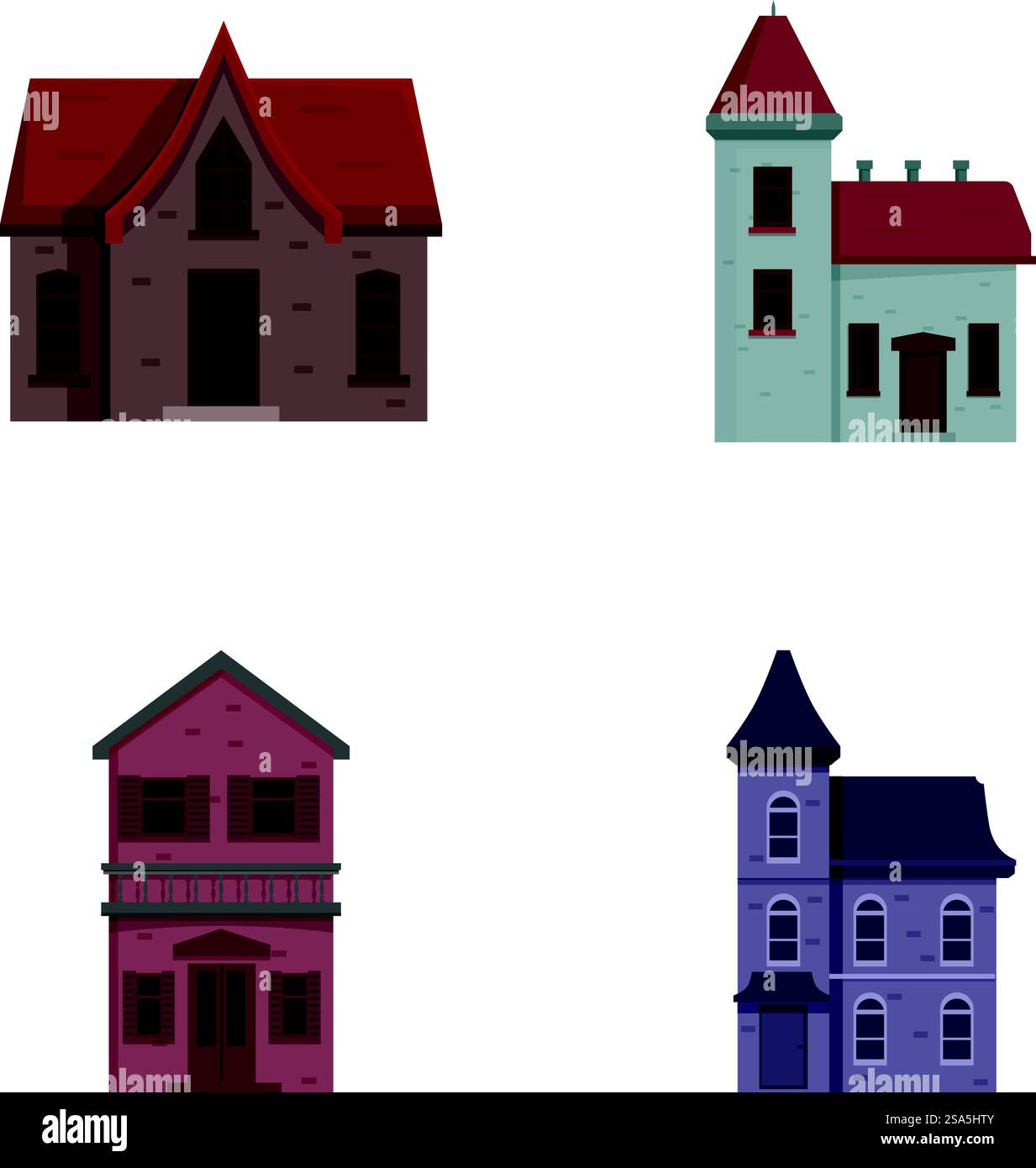 Sammlung von vier Comic-Häusern mit unterschiedlichen Designs, perfekt für Immobilien oder Familienprojekte. Set von Häusern im Cartoon-Stil isoliert auf weiß Stock Vektor